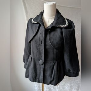 Hazel Wool Blend Petite Peacoat Beaded Collar Front Flap Poof Sleeve